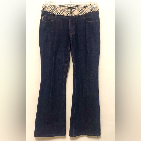 Burberry London UK 8 Dark Denim Pants Jeans Boot Cut Check Tartan Plaid Waist - Picture 1 of 7